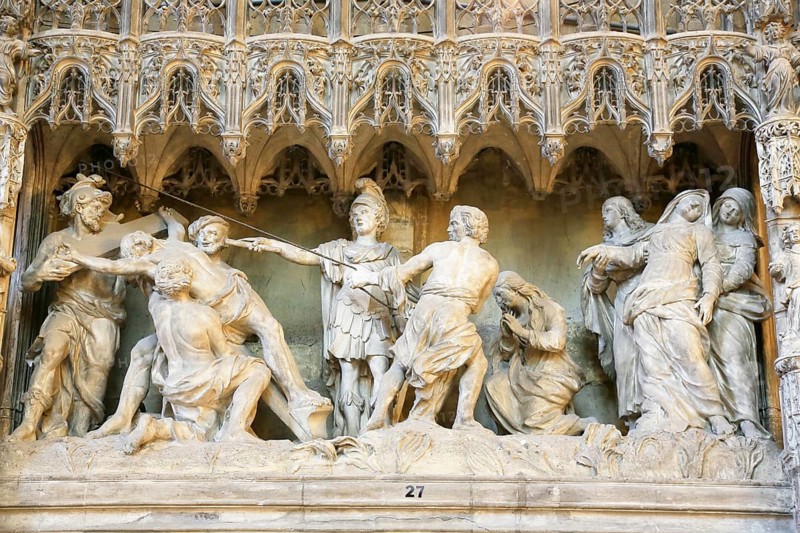 Stone sculptures Scenes from the Life of Jesus and Mary on the choir screen of Notre Dame of Chartres Cathedral