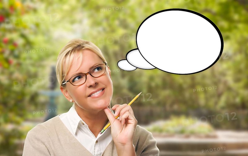 Thoughtful young woman with pencil and blank thought bubble