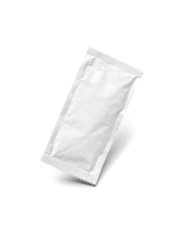 Blank white condiment packet floating isolated on white background