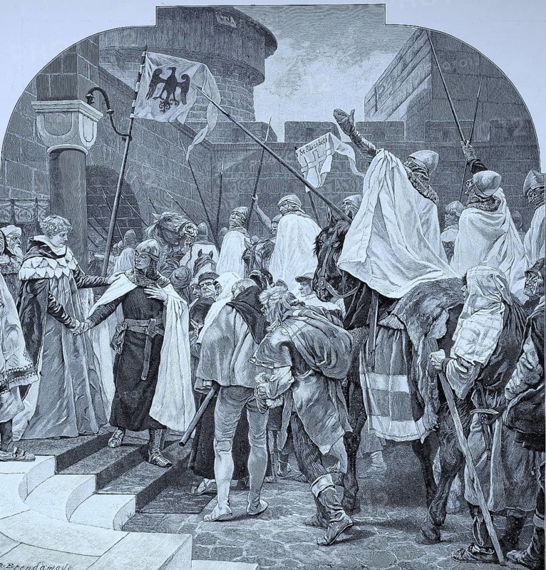 Frederick II being seen off by the Knights of the Teutonic Order in Marburg