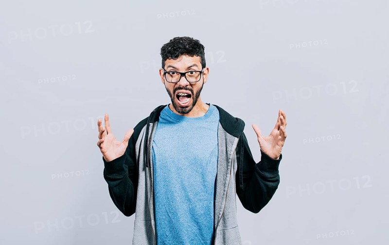 Angry people shouting up with open hands
