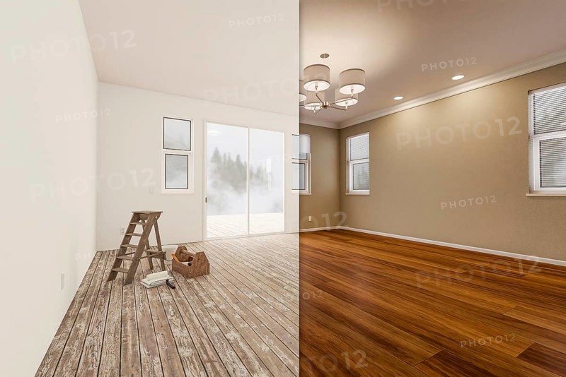 Unfinished raw and newly remodeled room of house before and after with wood floors