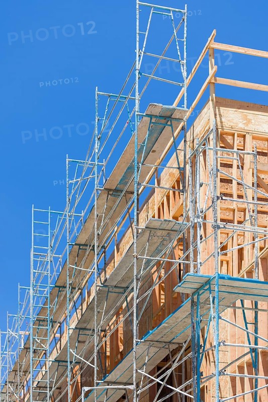 Scaffolding and wood framing at construction site