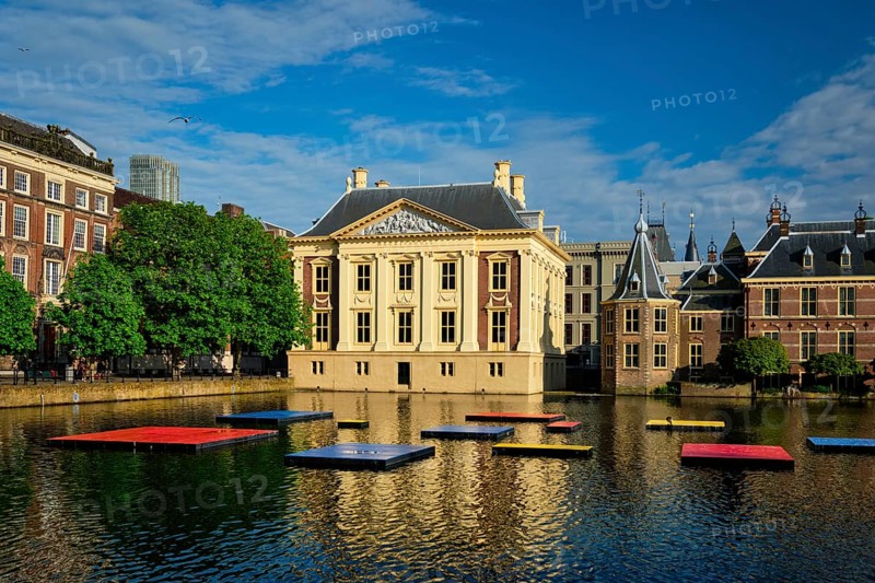 View of the Binnenhof House of Parliament and Mauritshuis museum and the Hofvijver lake