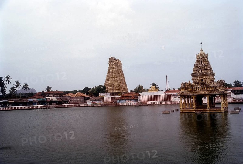The Thanu Malayan Temple's RajaGopuram and tank at Suchindrum near Kanyakumari