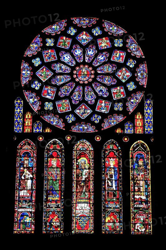 Leaded glass window rosette of the north transept in the Cathedral Notre Dame of Chartres