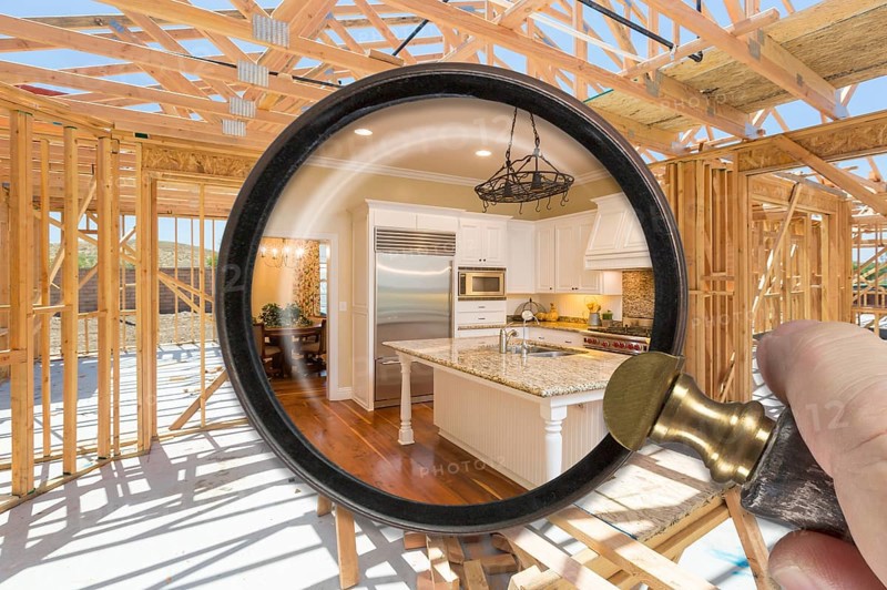 Hand holding magnifying glass revealing finished kitchen build over construction framing