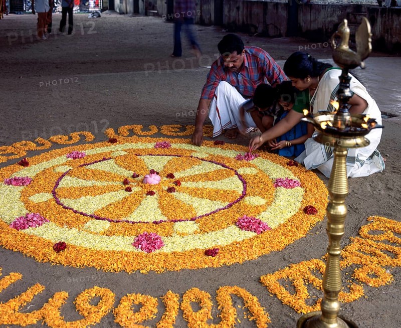 Aththapoovu or Floral decoration during Onam festival in front of Bhagavati temple in Kodungallur