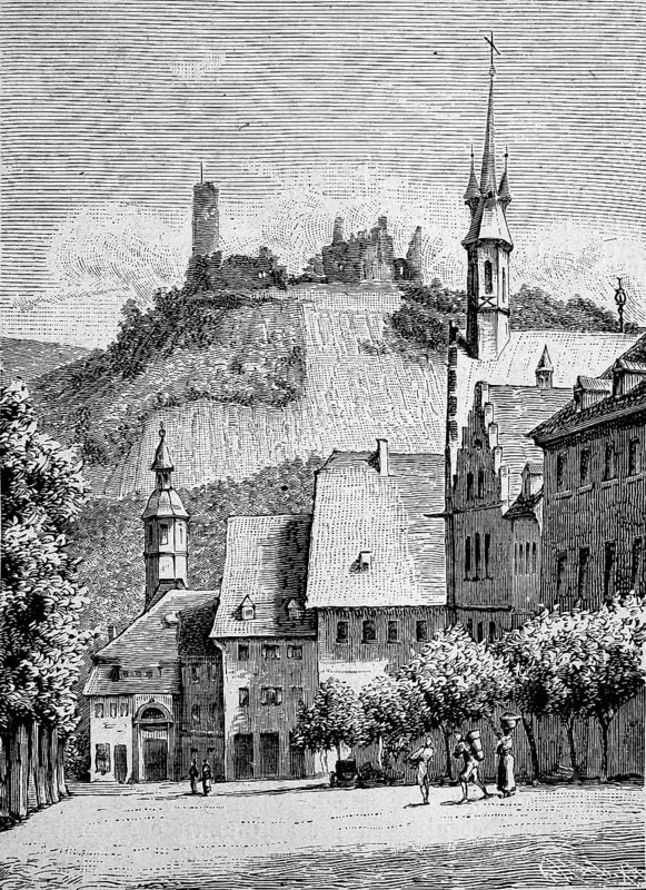 Windeck Castle and the town of Weinheim an der Bergstrasse in 1870