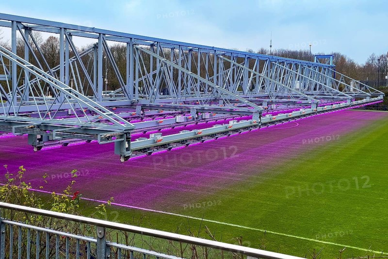 Fully automatic movable LED lighting system for turf growth lighting of stadium driven turf football pitch playing field of Bundesliga club football club FC Schalke 04