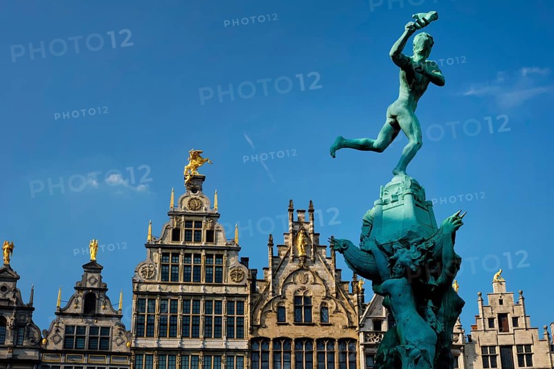 Antwerp 16th century old houses Monumental Guildhouses facades on Grote Markt square and Antwerp famous Brabo statue and fountain on Grote Markt square