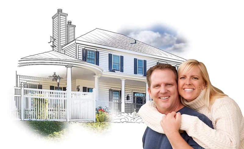 Happy hugging couple over house drawing and photo combination on white