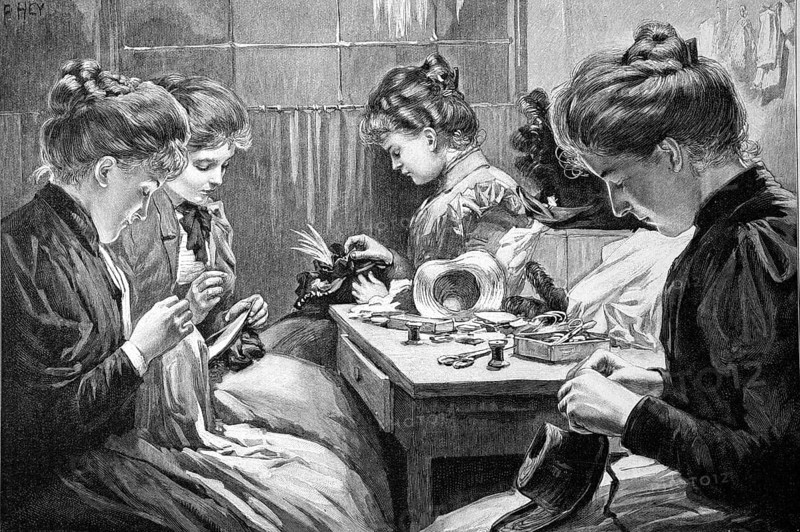 Four women doing needlework in the living room