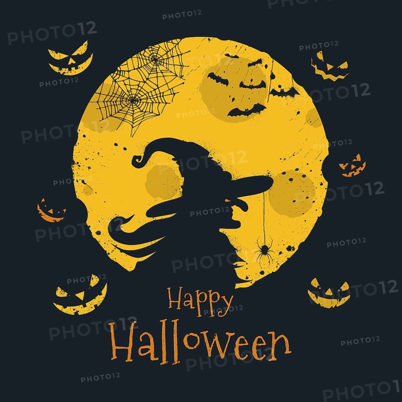 Happy Halloween trick or treat. Witch silhouette over full moon