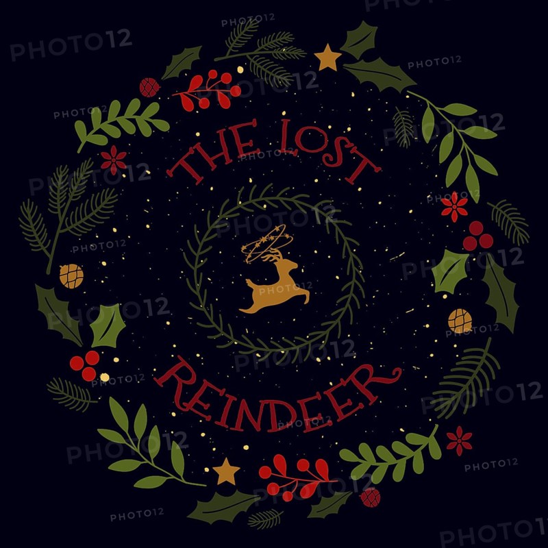 The lost reindeer funny text art seasonal illustration with different holiday symbols surrounded by a Christmas wreath. New year conceptual decorations and colors