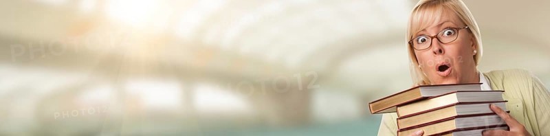 Banner of beautiful expressive student or businesswoman with books