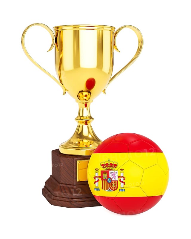 3d rendering of gold trophy cup and soccer football ball with Spain flag isolated on white background