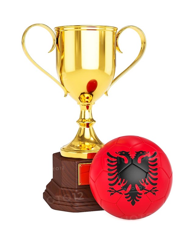 3d rendering of gold trophy cup and soccer football ball with Albania flag isolated on white background