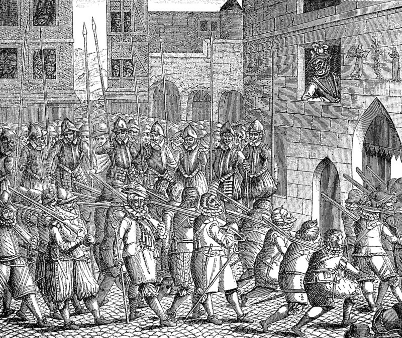 French War of Religion. Exodus of the Spanish garrison from Paris