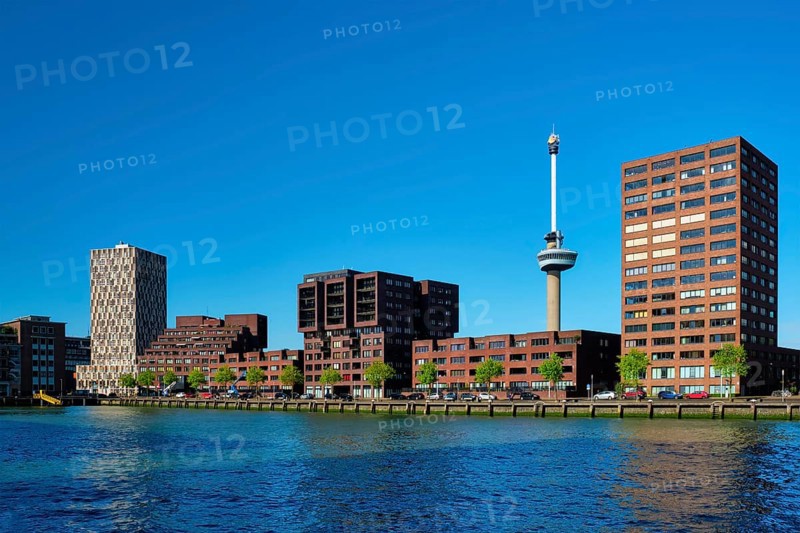 Rotterdam cityscape with Euromast observation tower and Nieuwe Maas river. Rotterdam