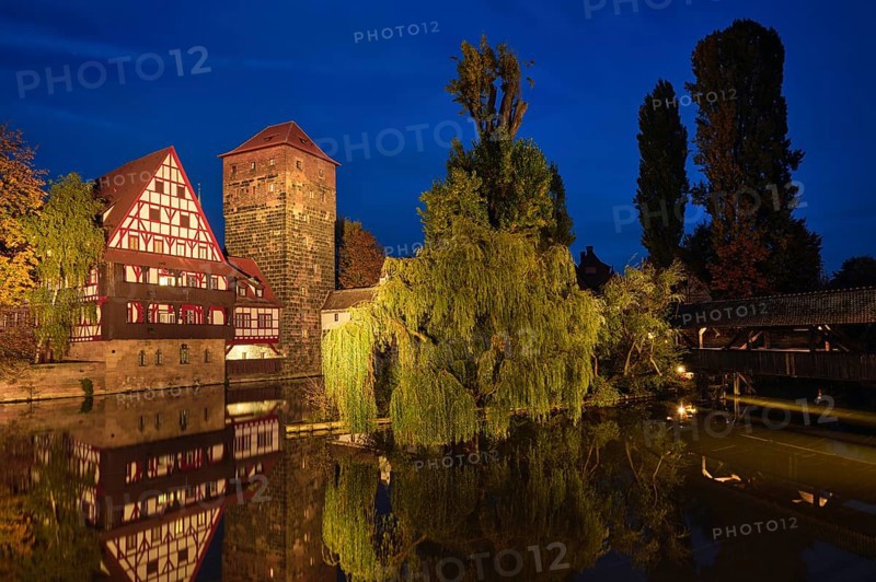Nuremberg city houses on riverside of Pegnitz river from Maxbrucke
