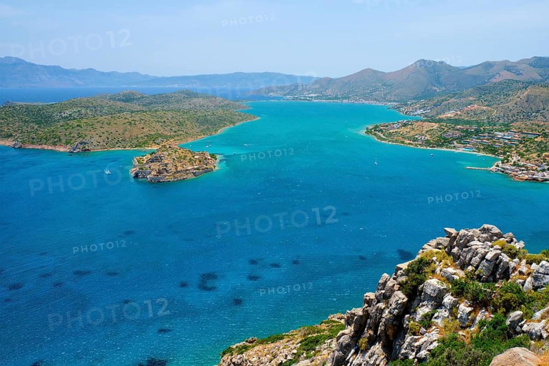Island of Spinalonga with old fortress former leper colony and the bay of Elounda