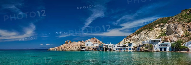 Panorama of the beach and fishing village of Firapotamos in Milos island