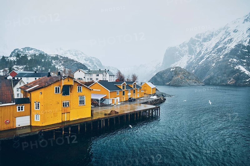 Panorama of Nusfjord authentic fishing village with yellow rorbu houses in Norwegian fjord in winter. Lofoten islands