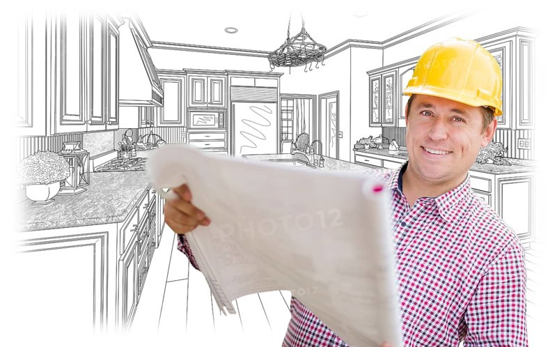 Smiling contractor holding blueprints over custom kitchen drawing