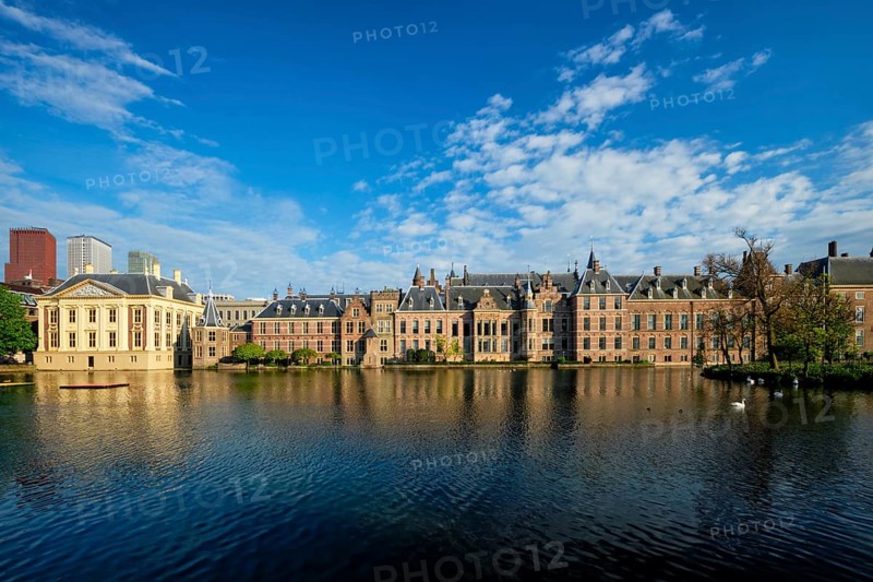 View of the Binnenhof House of Parliament and Mauritshuis museum and the Hofvijver lake