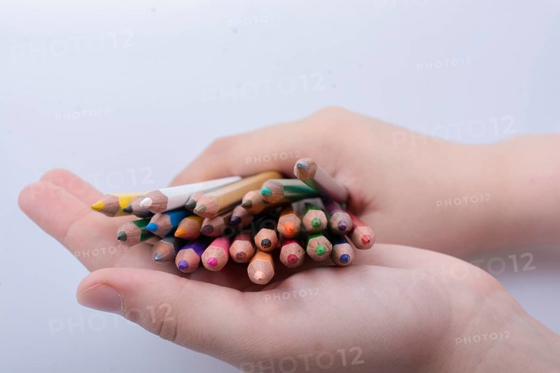Hand holding color Pencils placed on a white background
