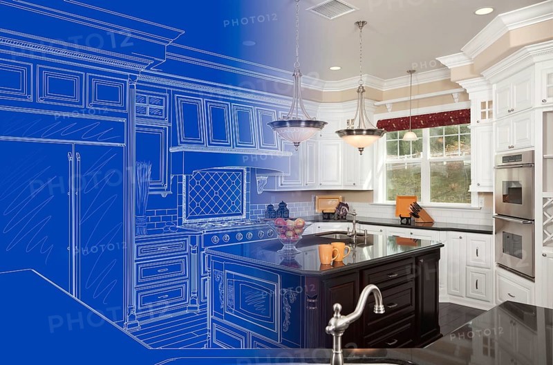 Kitchen blueprint drawing gradating into finished build