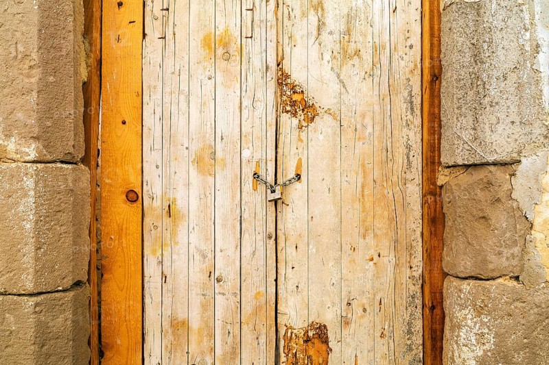 Rusty padlock locking old wooden door with a chain