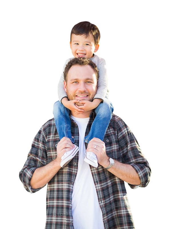 Happy mixed-race chinese boy riding piggyback on shoulders of caucasian father isolated on white