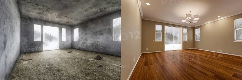 Before and after of unfinished raw and newly remodeled room of house with finished wood floors