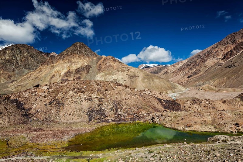 Himalayan landscape with mountain lake in Himalayas along Manali-Leh highway. Himachal Pradesh