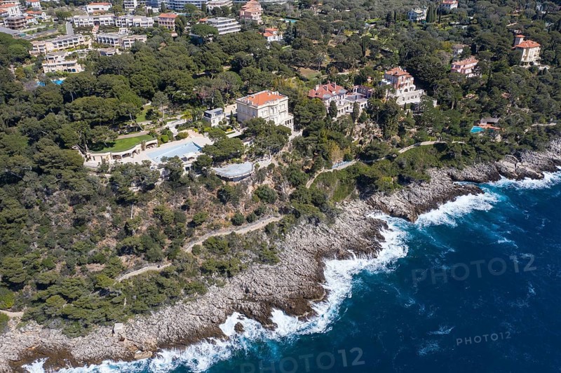 Aerial view of the Villa Del Mare estate at Cap Martin with pool and helipad
