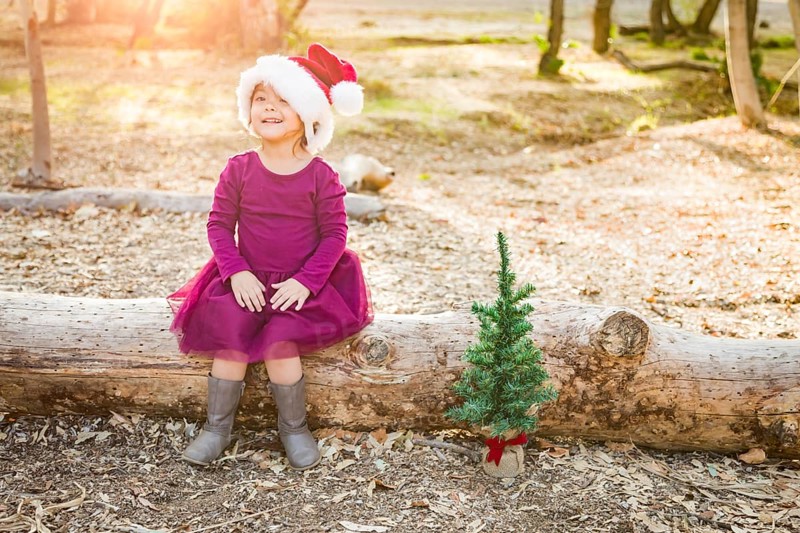 Cute mixed-race young baby girl having fun with santa hat and christmas tree outdoors on log