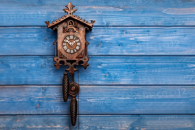 Antique Black Forest cuckoo clock in front of blue wooden wall
