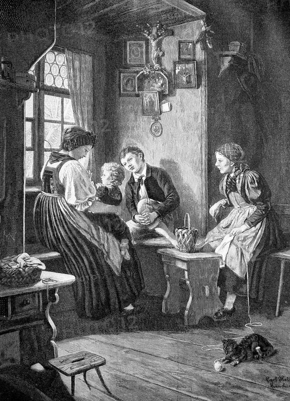 Mother and three children sitting in the parlour watching the first snowfall