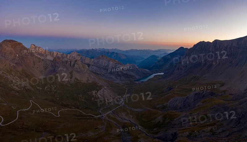 Aerial view of the Sanetsch Pass road and Lake Sanetsch