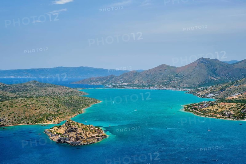Island of Spinalonga with old fortress former leper colony and the bay of Elounda
