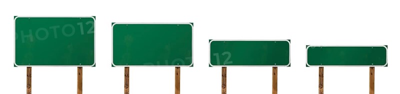 Set of different sized blank green road signs isolated on a white background
