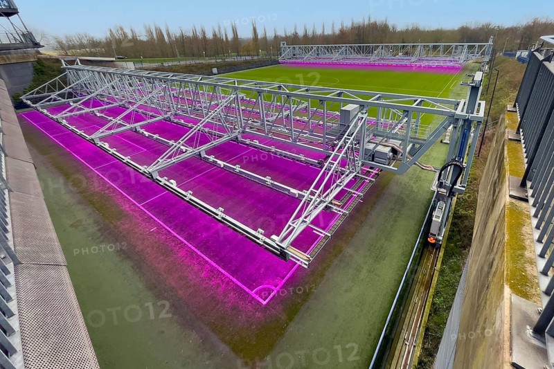 Fully automatic movable LED lighting system for turf growth lighting of stadium driven turf football pitch playing field of Bundesliga club football club FC Schalke 04
