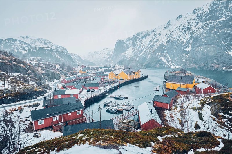 Nusfjord authentic fishing village in winter. Lofoten islands