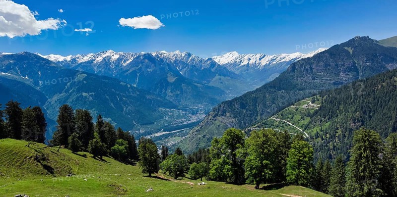 Panorama of meadow in Kullu valley in Himalaya mountains in spring