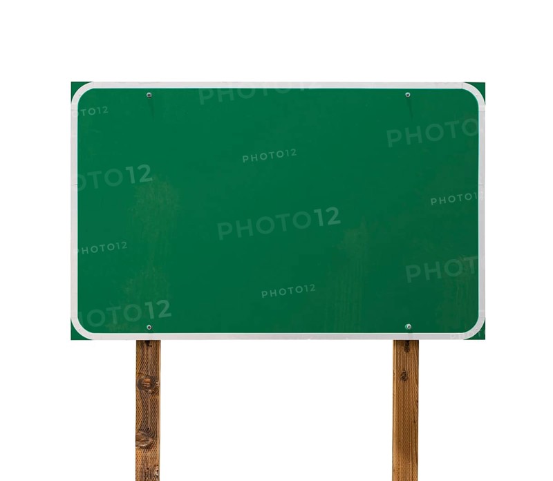 Blank green road sign with wooden posts isolated on a white background