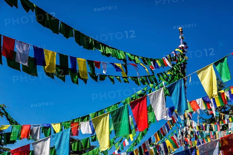 Buddhist prayer flags lungta with Om Mani Padme Hum Buddhist mantra prayer meaning Praise to the Jewel in the Lotus on kora around Tsuglagkhang complex. McLeod Ganj