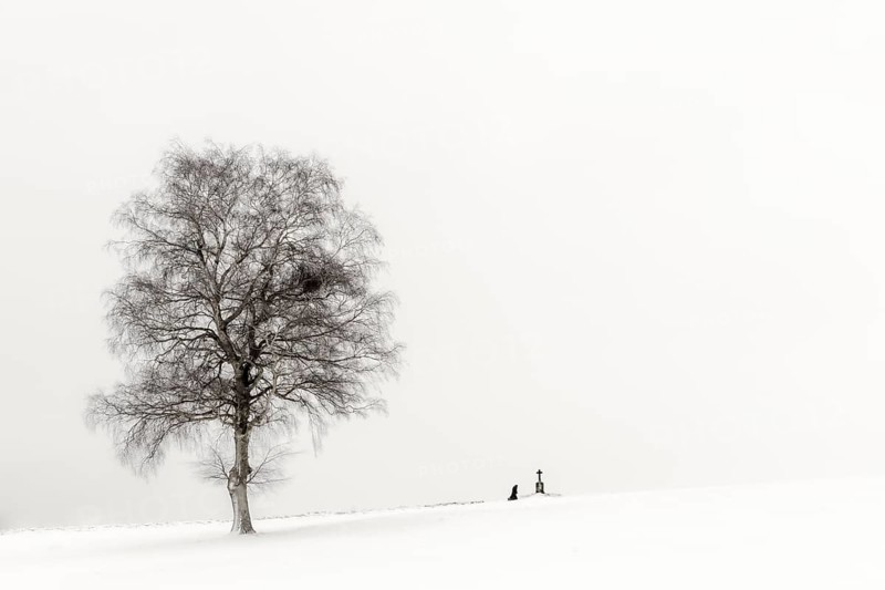 Einsame Frau knieend an Marterl mit Baum in Winterlandschaft