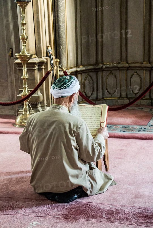 Old man reading Quran in a mosque on display